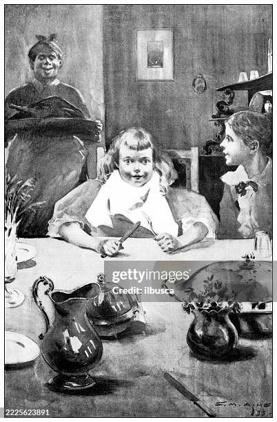 hungry - kid sitting at table stock illustrations