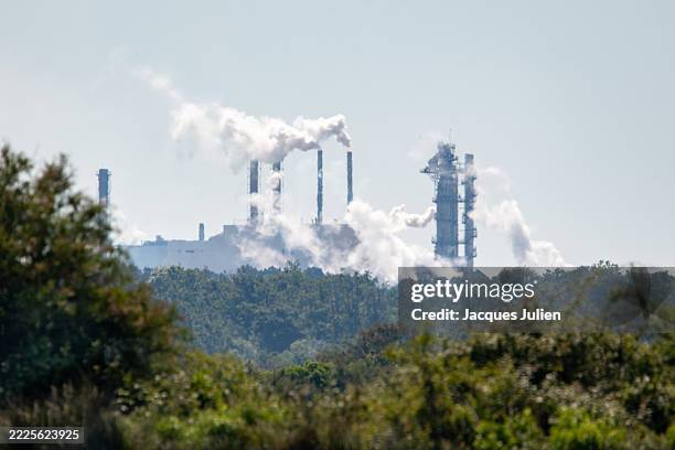 industrial plant with steam emissions - gas serra foto e immagini stock