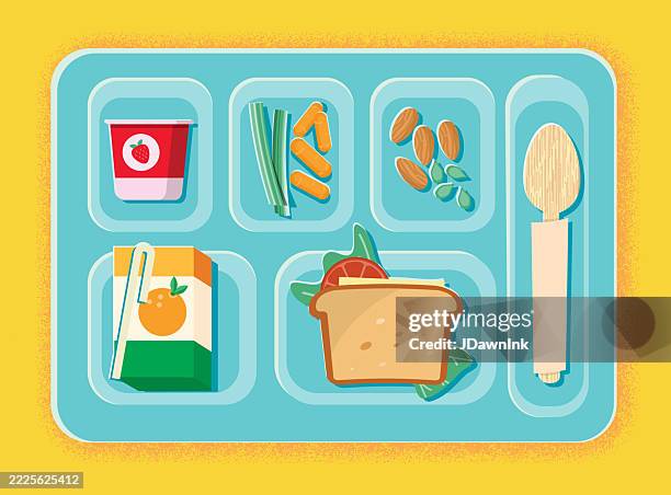 zurück zur schule, essen, mittagessen oder bento-box-behälter, farbenfroher und lebendiger stil mit gesunden lebensmitteln und utensilien - kantine stock-grafiken, -clipart, -cartoons und -symbole