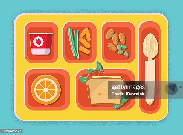 back to school food lunch or bento box container colorful and vibrant style with healthy foods and utensils - bento box stock illustrations