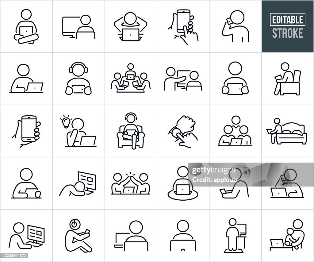People Using Computers And Devices Thin Line Icons - Editable Stroke - Icons Include People Working On A Computer, Using Smartphone, Using Tablet PC, Device Screen, Scrolling, Touchscreen, Smartwatch, Working, Entertainment, Laptop, Watching Video