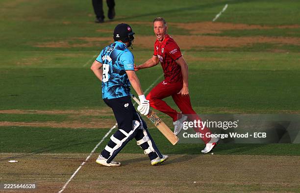Luke Wood of Lancashire Lightning celebrates after taking the wicket of Jonny Bairstow of Yorkshire during the Vitality Blast Men match between...