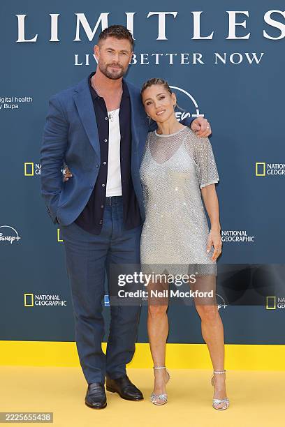 Chris Hemsworth and Elsa Pataky attend the "Limitless: Live Better Now" UK Premiere at Odeon Luxe Leicester Square on July 17, 2025 in London,...