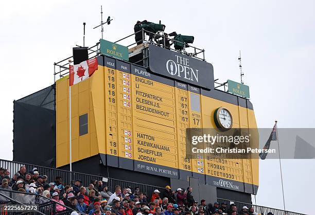 General view of the scoreboard on the 18th grandstand during day one of The 153rd Open Championship at Royal Portrush Golf Club on July 17, 2025 in...