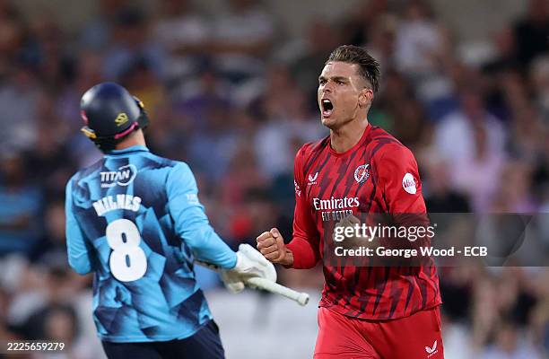 Chris Green of Lancashire Lightning celebrates after taking the wicket of Matt Milnes of Yorkshire during the Vitality Blast Men match between...