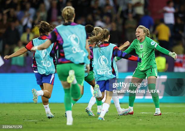 Hannah Hampton of England celebrates with her teammates after winning the penalty shootout in the UEFA Women's EURO 2025 Quarter-Final match between...
