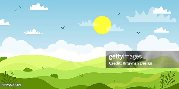 spring and summer morning landscape with clouds and fields - grassy background stock illustrations