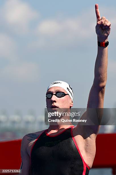 Florian Wellbrock of Team Germany celebrates winning gold in the Men's 5km Open Water Final on day eight of the Singapore 2025 World Aquatics...