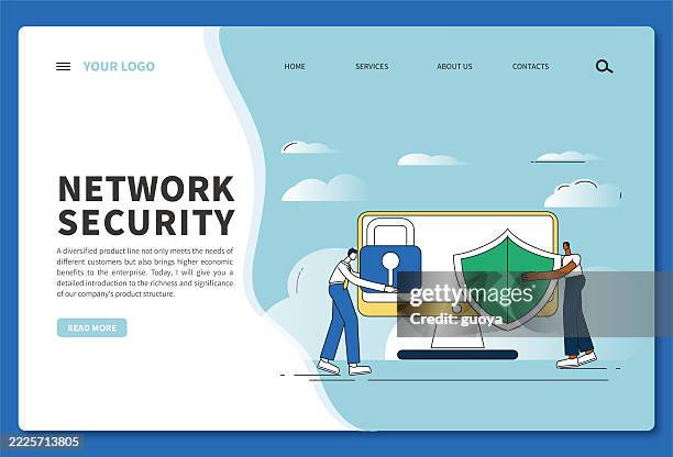 two white-collar workers using lock and firewall to strengthen computer security inventory illustration. banner - logo, web banner, template, web page, - combination lock stock illustrations