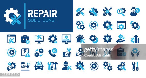 Repair glyph solid icons. Containing setting, gear, tools, maintenance solid icons collection. Vector illustration. Perfect pixel on clean white background Repair glyph solid icons. Containing setting, gear, tools, maintenance solid icons collection. Vector illustration. Perfect pixel on clean white background