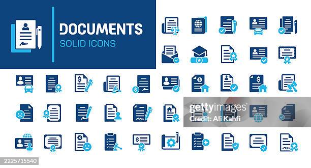 ilustrações, clipart, desenhos animados e ícones de ícones sólidos de glifo de documento. contendo documento legal, arquivo, coleção de ícones sólidos de papel. ilustração vetorial. pixel perfeito em fundo branco limpo - formulário documento