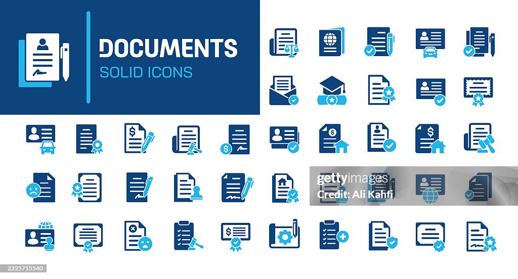 Document glyph solid icons. Containing legal document, file, paper solid icons collection. Vector illustration. Perfect pixel on clean white background