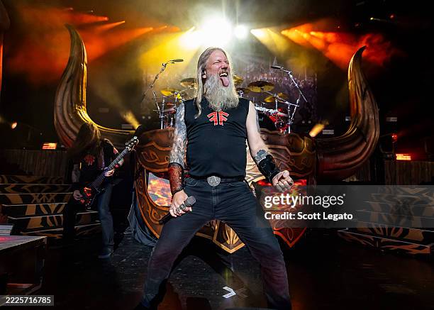 Johan Hegg of Amon Amarth performs at Pine Knob Music Theatre on July 17, 2025 in Clarkston, Michigan.