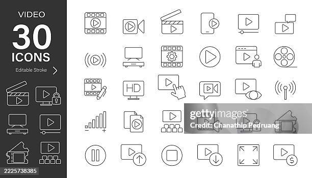 illustrations, cliparts, dessins animés et icônes de vidéo ligne vectorielle ensemble d’icônes. pixel parfait. trait modifiable. illustration. icône symbole, film, diffusion en direct, film - équipement à base de papier
