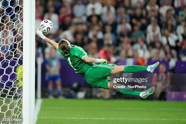 Ann-Katrin Berger goalkeeper of Germany and Gotham FC makes a save during the UEFA Women's EURO 2025 Quarter-Final match between France and Germany...