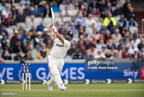 Rishabh Pant of India hits the ball over the boundary for six during day one of the 4th Rothesay Test Match between England and India at Emirates Old...