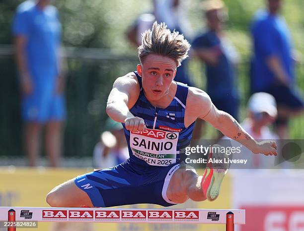 Antti Sainio of Team Finland competes in the Men's 400m Hurdles Semi-Final during the European Athletics U23 Championships 2025 Day 2 at Fana Stadion...
