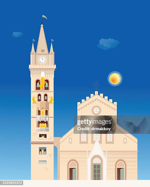 illustrazioni stock, clip art, cartoni animati e icone di tendenza di cattedrale di messina - campanile orologio