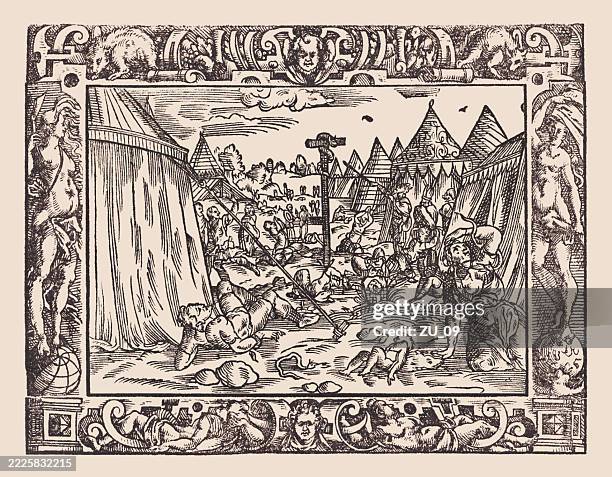 the brazen serpent (numbers 21, 4-9), wood engraving, published 1607 - sinai desert stock illustrations