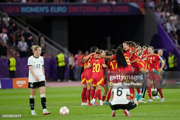 Spanish players celebrate victory after the UEFA Womens EURO 2025 Semi-Final match between Germany and Spain at Stadion Letzigrund on July 23, 2025...