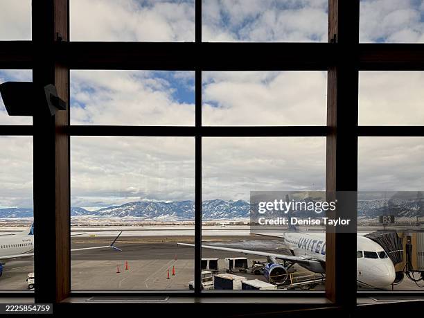 window view of bozeman-yellowstone international airport - bozeman stock pictures, royalty-free photos & images
