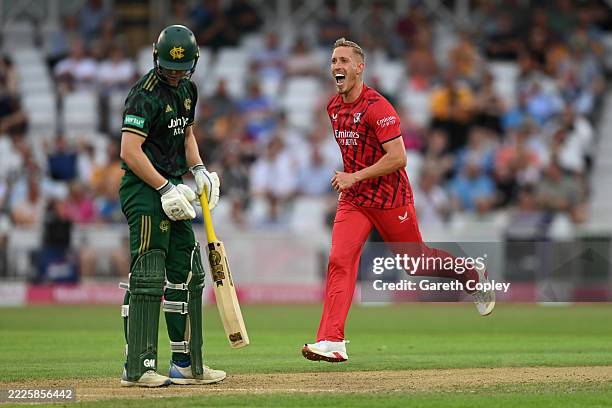 Luke Wood of Lancashire celebrates dismissing Jack Haynes of Nottinghamshire during the Vitality Blast match between Nottinghamshire Outlaws and...