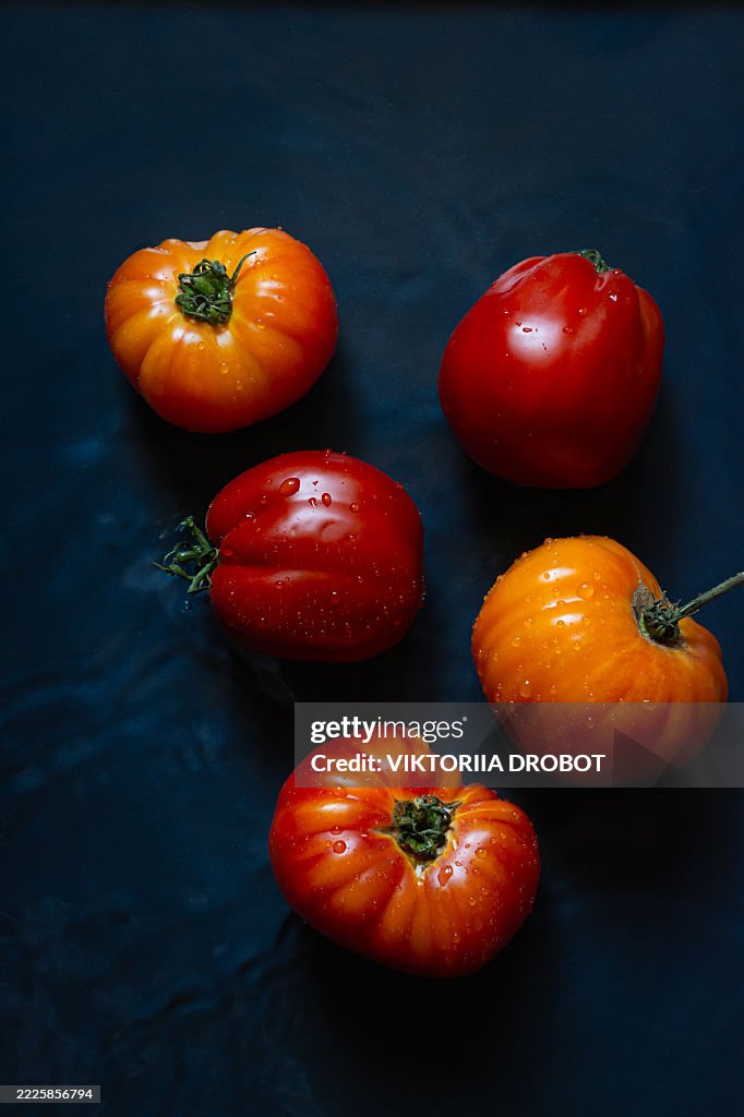 Ripe fresh tomatoes on a dark background with water droplets.