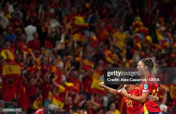 Claudia Pina of Spain celebrates scoring her team's second goal with teammate Alexia Putellas during the UEFA Women's EURO 2025 Quarter-Final match...