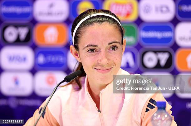 Aitana Bonmati of Spain speaks to the media in a post match press conference after the UEFA Women's EURO 2025 Quarter-Final match between Spain v...