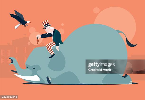 uncle sam riding on tired elephant - sleeping elephant stock illustrations