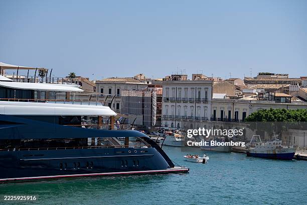 The yacht "Launchpad" owned by Mark Zuckerberg, chief executive officer of Meta Platforms Inc., docked at Porto Grande in Syracuse, Italy, on...