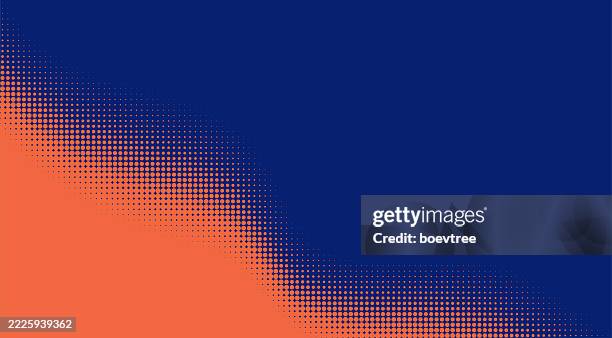ilustraciones, imágenes clip art, dibujos animados e iconos de stock de lunares abstractos de medio tono de color naranja sobre fondo azul - detalle de primer plano
