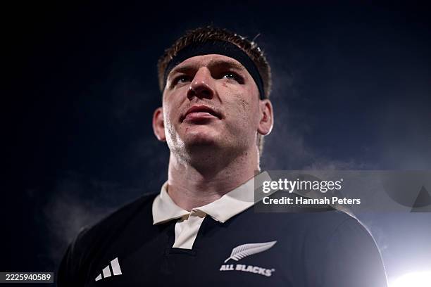 Fabian Holland of New Zealand looks on during the Test Match between New Zealand All Blacks and France at FMG Stadium Waikato on July 19, 2025 in...