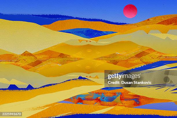 surreal lakeside view with red sun - lakeside stock illustrations