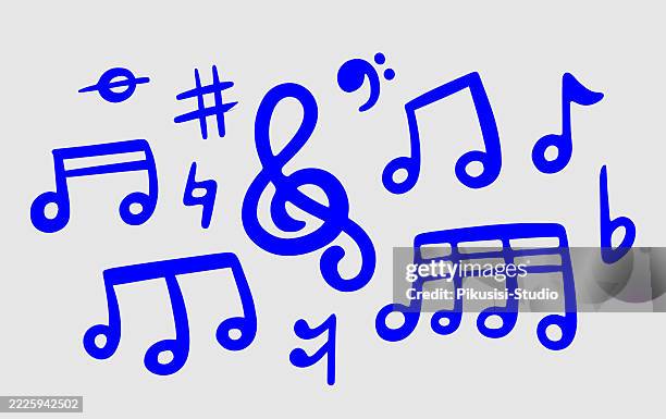 bold blue music notes icon set on light gray background - orchestra instruments stock illustrations