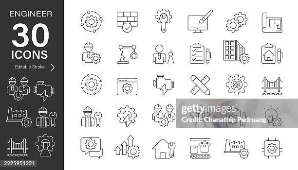 engineering line vector icon set. pixel perfect. editable stroke. stock illustration. icon symbol, machinery, construction, engine - engineering-design-process-diagram stock illustrations