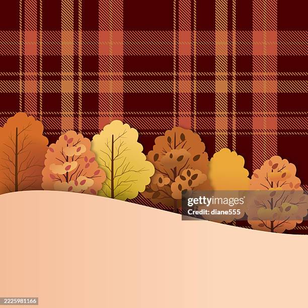 autumn brown plaid background with a rw of trees and copy space - cosy background stock illustrations