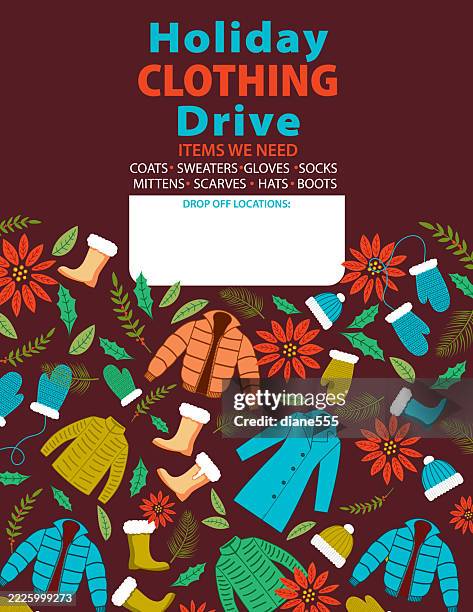 winter clothing drive charity poster template on a brown base - garment stock illustrations