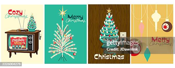 ilustrações de stock, clip art, desenhos animados e ícones de vintage christmas greetings in retro mid-century style - estilo moderno de meados do século