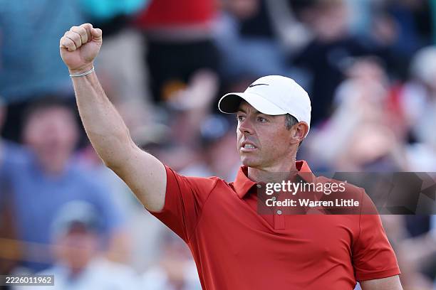Rory McIlroy of Northern Ireland celebrates an eagle putt on the 12th green during Day Three of The 153rd Open Championship at Royal Portrush Golf...