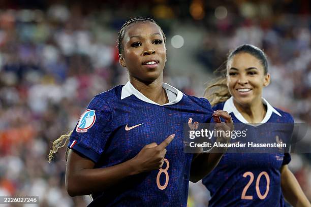 Grace Geyoro of France celebrates scoring her team's first goal from the penalty spot during the UEFA Women's EURO 2025 Quarter-Final match between...