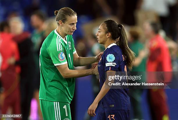 Ann-Katrin Berger of Germany interacts with Selma Bacha of France following Germany's victory in the penalty shoot during the UEFA Women's EURO 2025...