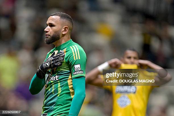 Atletico Mineiro's goalkeeper Everson reacts during the penalty shootout at the end of the Copa Sudamericana knockout round play-off football match...
