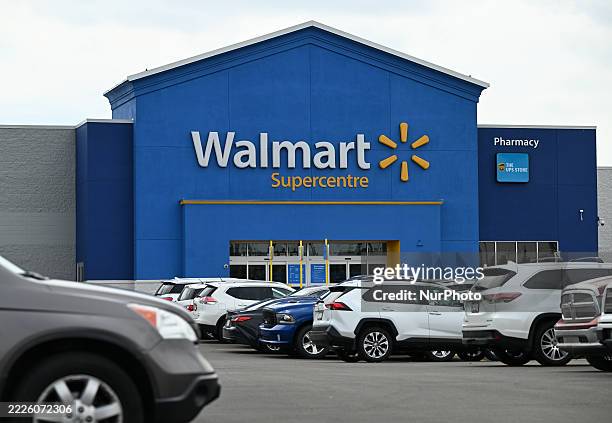 The Walmart logo displayed at the Walmart storefront in Edmonton, Alberta, Canada, on July 23, 2025.