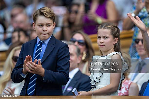 Prince George of Wales, and Princess Charlotte of Wales, in the Royal Box at the Gentlemen's Singles Final on Centre Court during the Wimbledon Lawn...