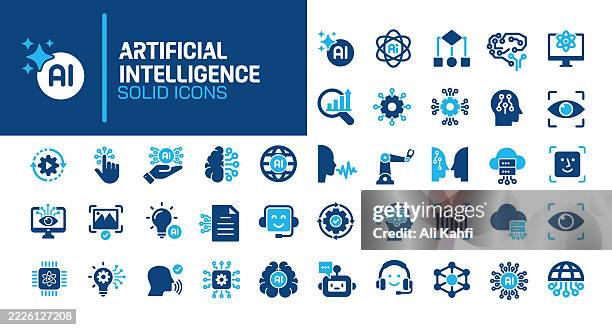 bildbanksillustrationer, clip art samt tecknat material och ikoner med artificial intelligence glyph solid icons. containing generative ai, technology, recognize, machine learning solid icons collection. vector illustration. perfect pixel on clean white background - robot