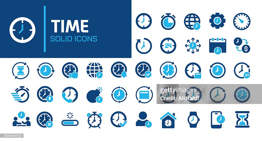 Time glyph solid icons. Containing click, timer, stopwatch, management, stopwatch solid icons collection. Vector illustration. Perfect pixel on clean white background