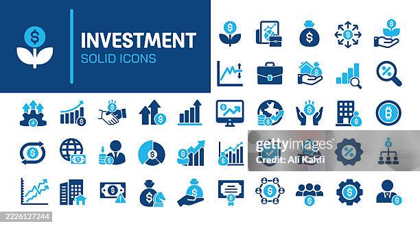 stockillustraties, clipart, cartoons en iconen met investment glyph solid icons. containing finance, income, saving, bank solid icons collection. vector illustration. perfect pixel on clean white background - investering