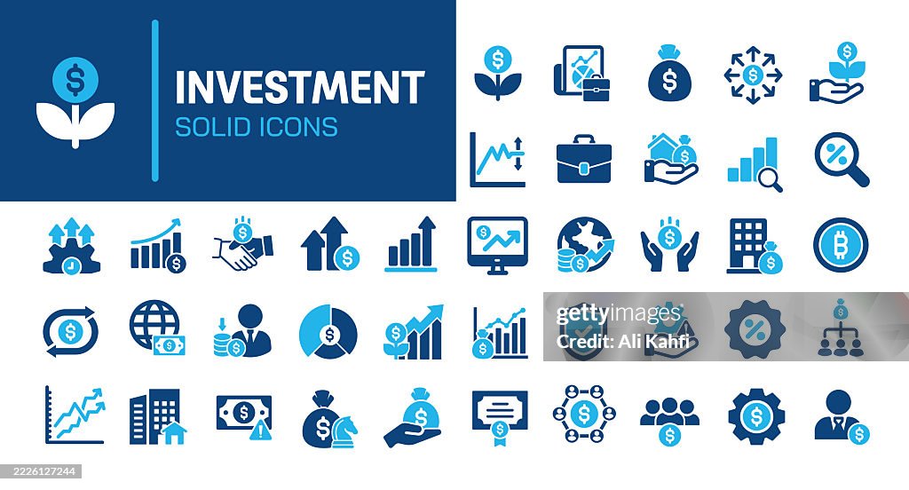 Investment glyph solid icons. Containing finance, income, saving, bank solid icons collection. Vector illustration. Perfect pixel on clean white background