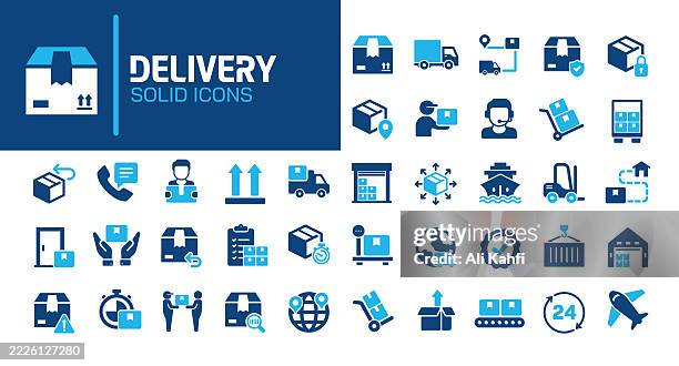 delivery glyph solid icons. containing cargo, logistic, shipping, courier solid icons collection. vector illustration. perfect pixel on clean white background - sending stock illustrations